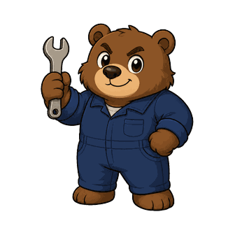 紺色のつなぎを着て、スパナを片手に構える眉をひそめたクマのイラスト