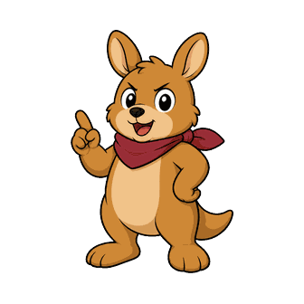 臙脂色のマフラーを巻き、こぶしを軽く握って口をへの字にしているカンガルーのイラスト