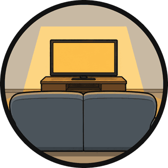 ソファの前でテレビだけが明るく灯っているリビングの様子を円形に切り取ったイラスト