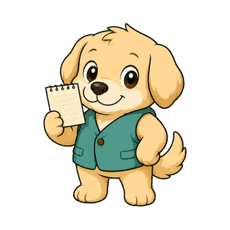 緑色のベストを着て、リング綴じのメモ帳を片手に掲げる子犬のイラスト