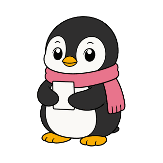 珊瑚ピンクのマフラーを巻き、番号札を手にして列の後ろに立つペンギンのイラスト