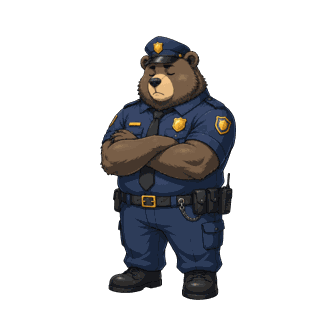 警察官の制服姿で腕組みをし、目を閉じて眠っているクマの番人のイラスト