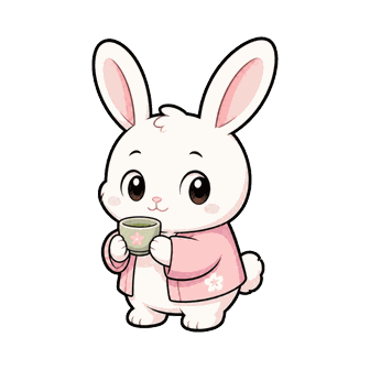 花柄の入ったピンクの上着を着て、緑茶の入った湯呑みを両手で持ち口をつけるウサギのイラスト